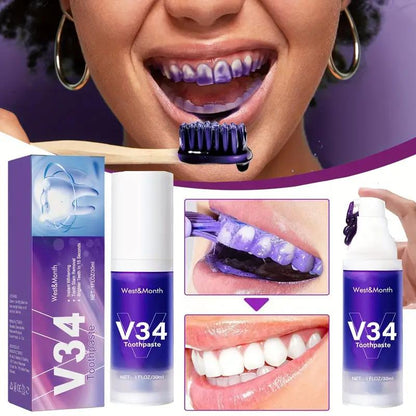 V34 Pro Smile Removal Plaque Stain Purple Corrector Teeth Whitening Toothpaste Enamel Care Easy Reduce Yellowing Oral Clean Care